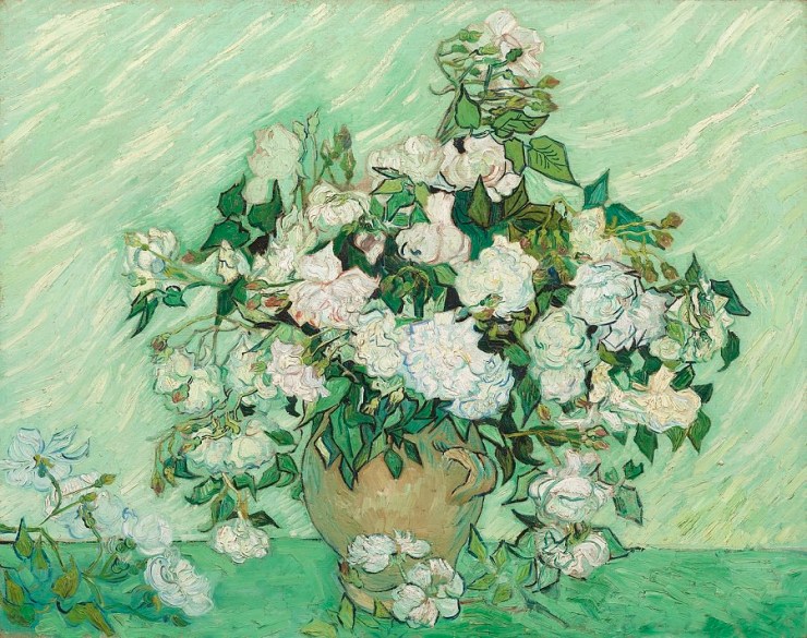 vase with pink roses by van gogh